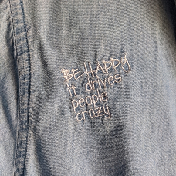CASTRO JEANS🔥 Denim Chambray Western Button-up Top Embroidered Quotes 6 Euro 38 - Picture 2 of 8